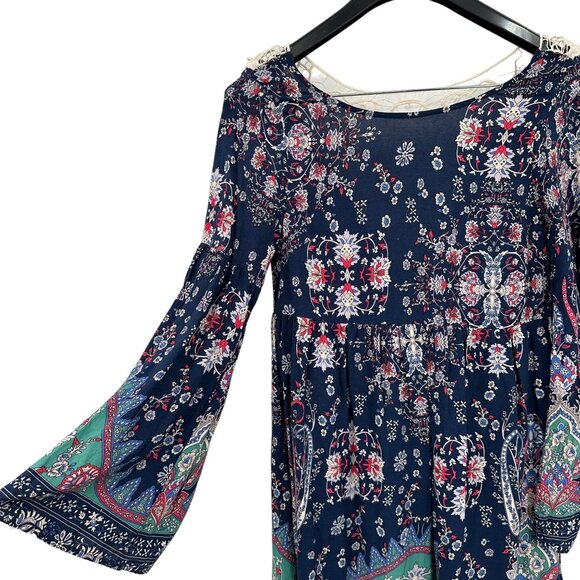 Entro Floral Boho Dress Mini Relaxed Navy Blue Bell Long Sleeve Babydoll Small - Picture 2 of 9